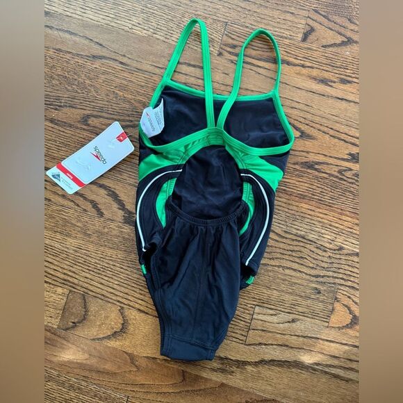 NWT New SPEEDO Rapid Spliced Energy Back Racing Swimsuit Black Green 22 - Picture 5 of 5